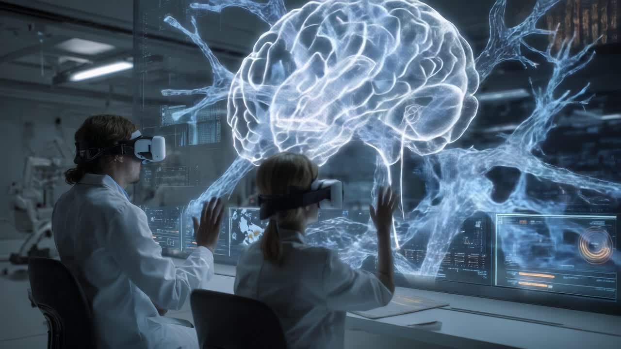 Exploring the Frontiers of Neuroscience and Technology: Scientists Utilize Virtual Reality to Interact with a 3D Visualization of the Human Brain, Enhancing Research and Understanding of Neural Connections