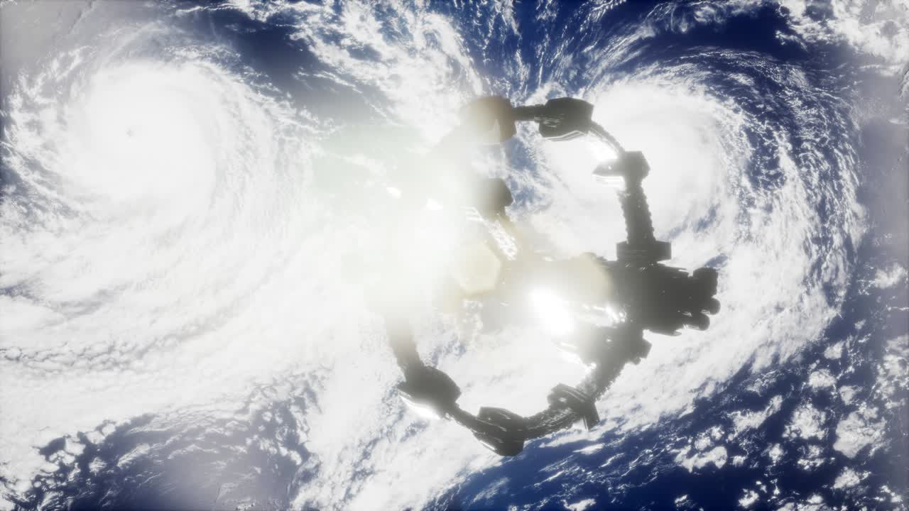 지구와 우주선의 모습. iss는 지구를 공전하고 있습니다.