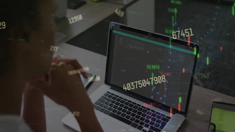 Animation-Von-Graphen,-Wachsende-Zahlen,-Kaukasische-Programmiererin-Analysiert-Code-Auf-Laptop