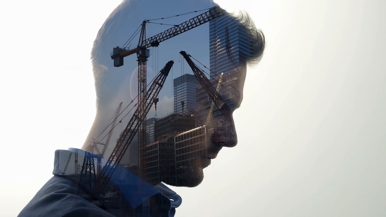 Man Profile With Construction Overlay Depicting Architect Planning Urban Skyline And Cranes Contemplative