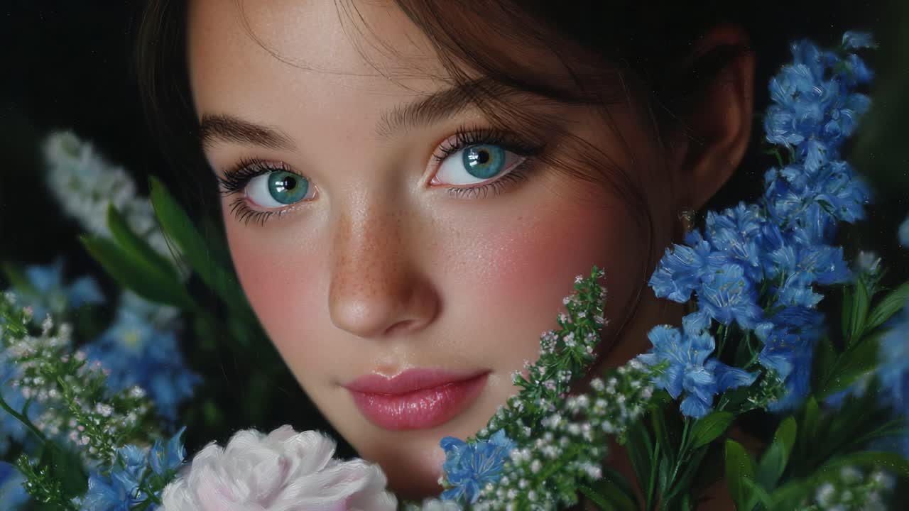 A Captivating Portrait of a Young Woman Surrounded by Vibrant Blue Flowers, Showcasing Her Striking Blue Eyes and Natural Beauty in a Serene Floral Setting