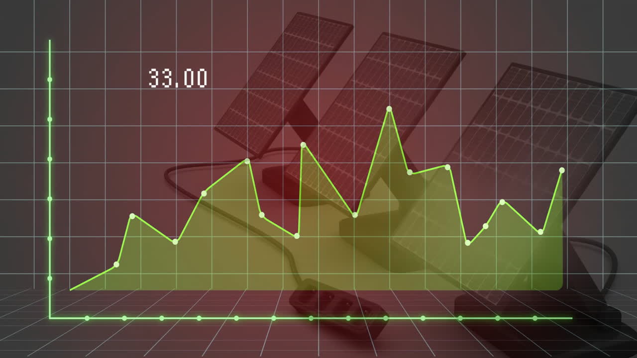 Fluctuating line graph animation over solar panels and electronic devices