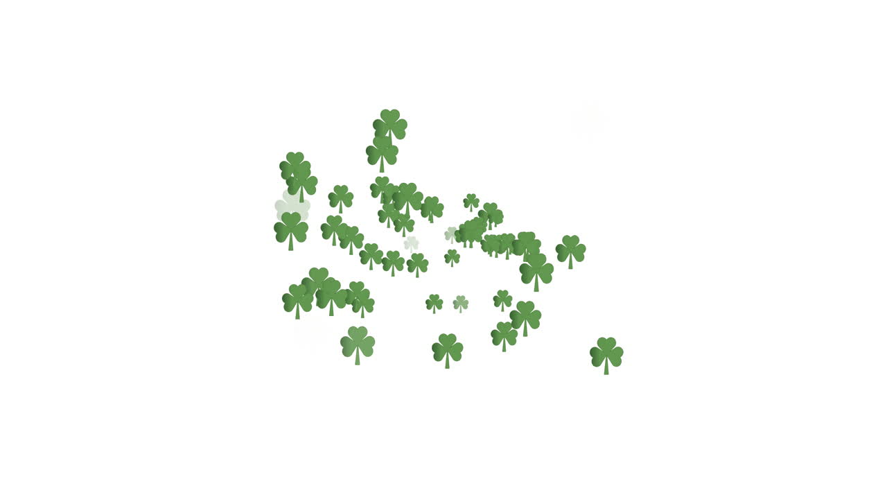 Molteplici foglie di trifoglio fluttuanti e scie di luce verde su sfondo bianco