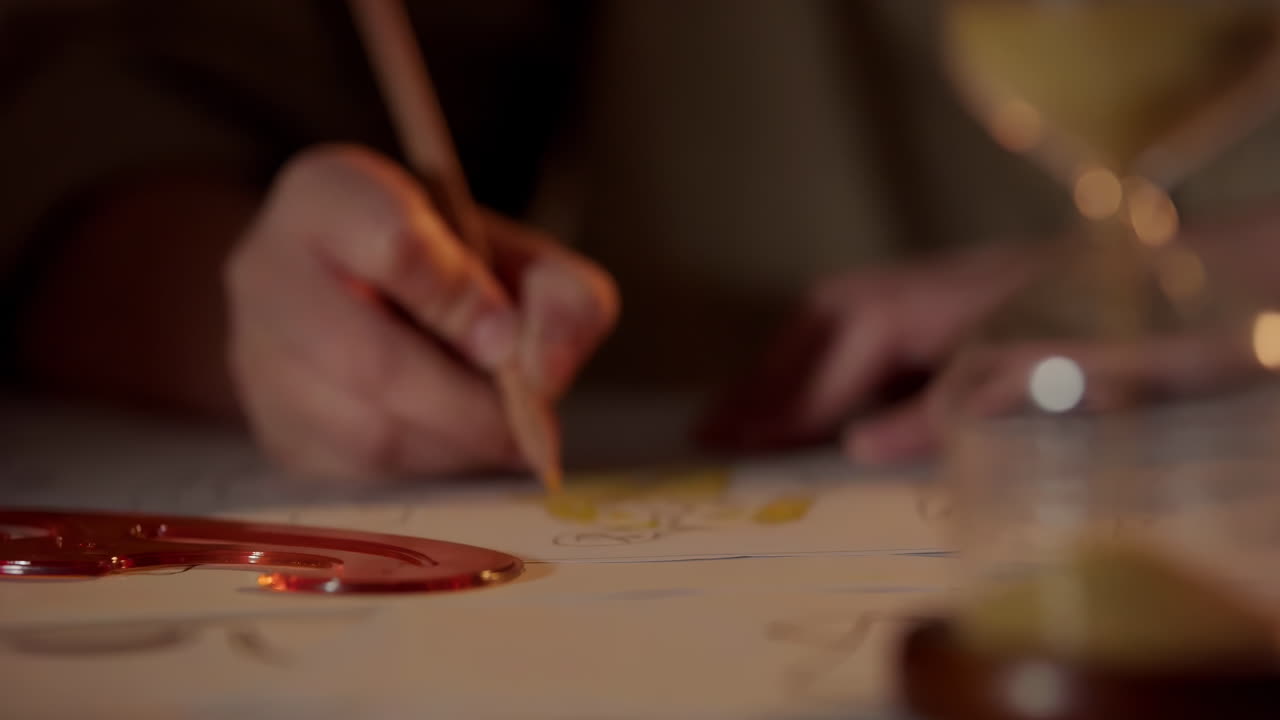 Focused fashion designer drawing sketches designs in a sketchbook with hourglass, artist is creating new fashion collection doing sketches with pencil creative workstation with time management concept