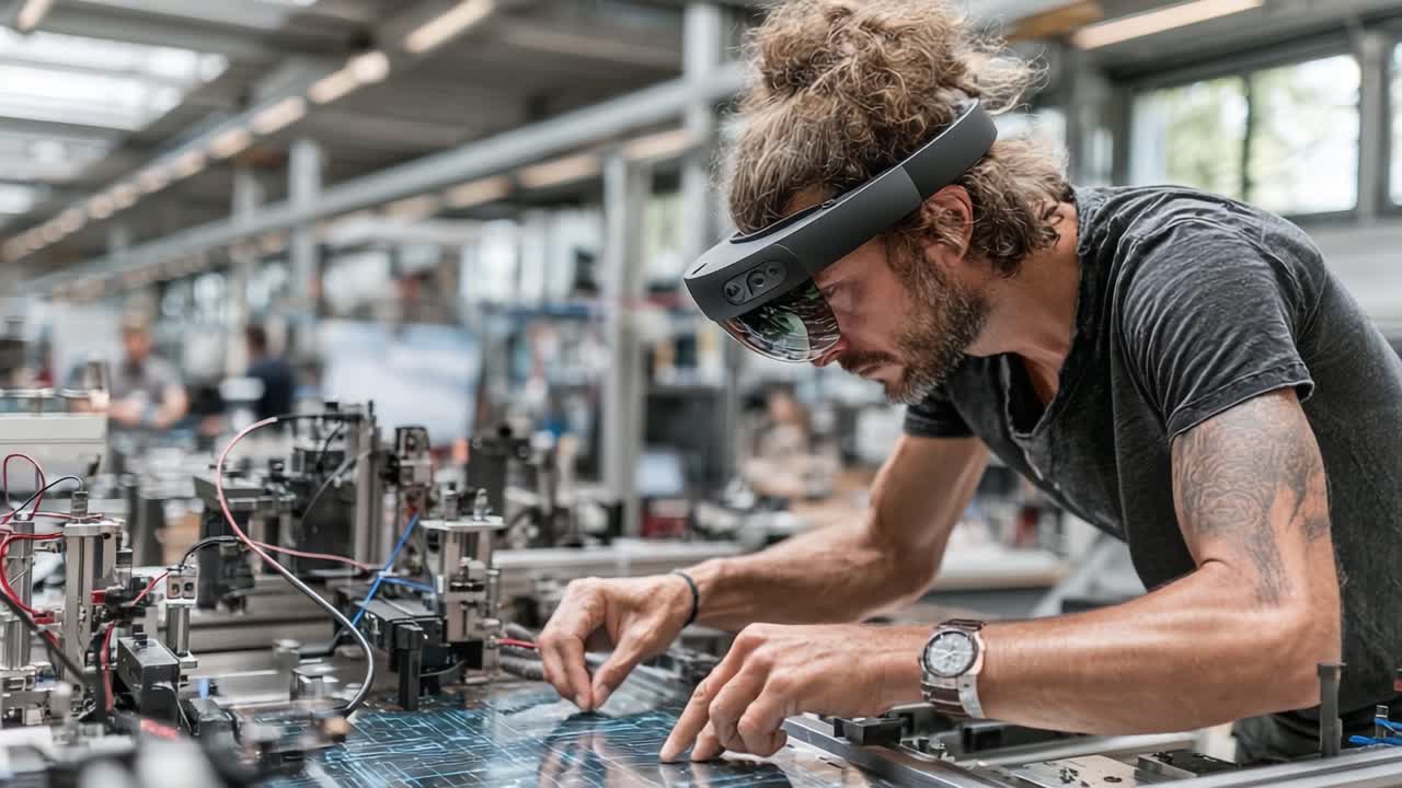 Innovative Technician Using Augmented Reality Glasses to Enhance Precision in Modern Manufacturing Environment