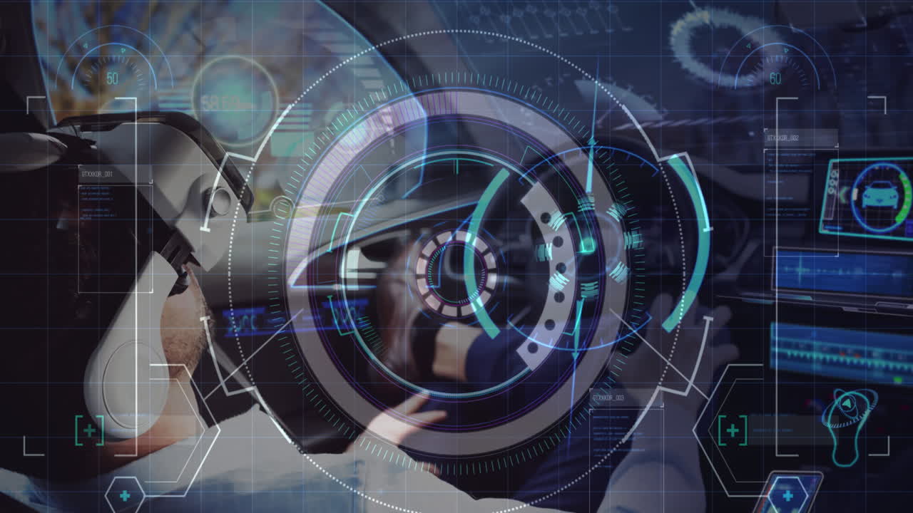 animación del escaneo del alcance sobre el hombre que usa auriculares vr en un coche de conducción autónoma