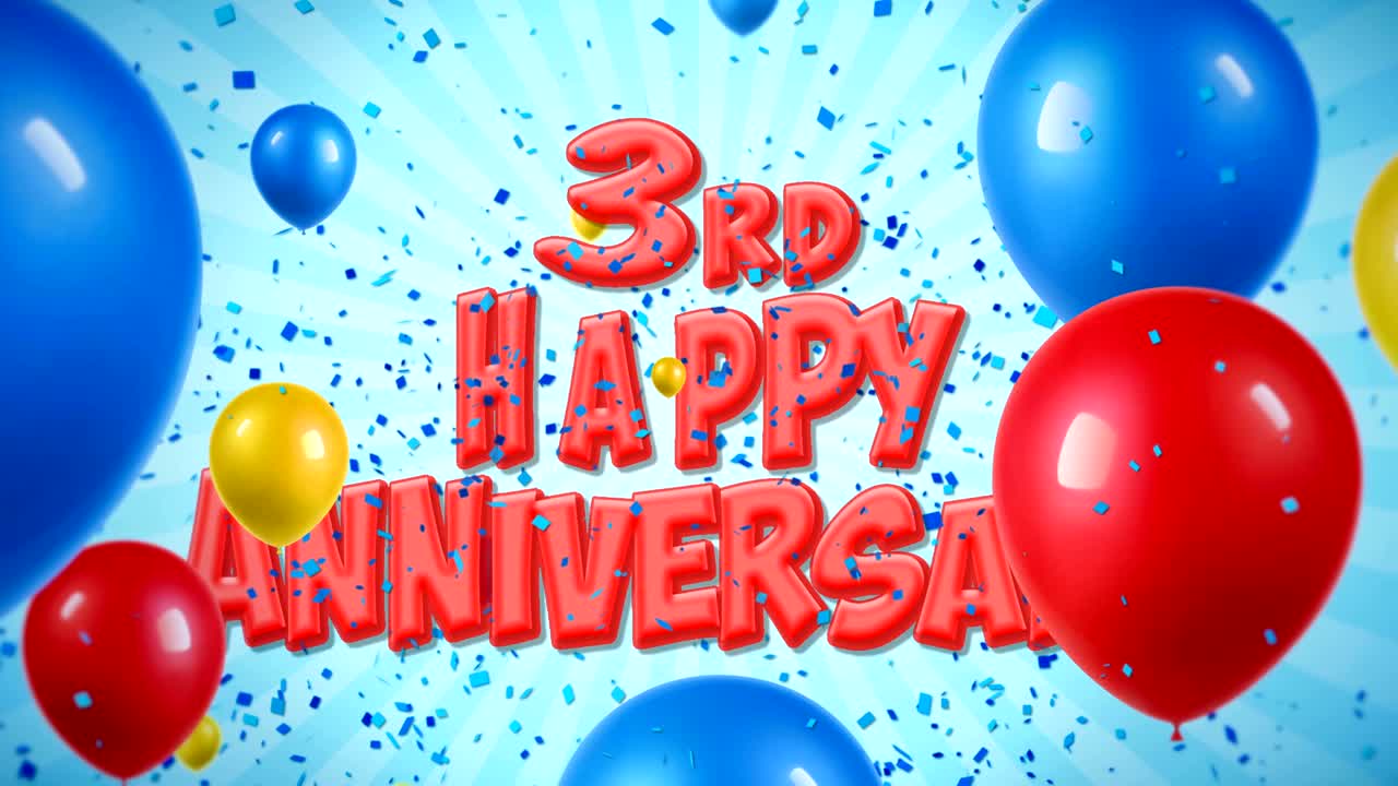 3번째 생일 축하 은 텍스트는 콘페티 팝퍼 폭발, 떨어지는 반이는 입자, 다채로운 날아가는 풍선, 소원, 인사, 파티, 초대, 카드에 대한 원활한 루프 애니메이션에 나타납니다.