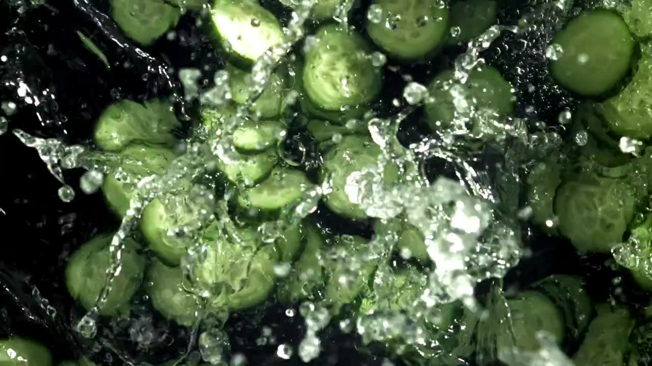 Fatias de Pepino Fresco Espirrando na Água em Câmera Lenta