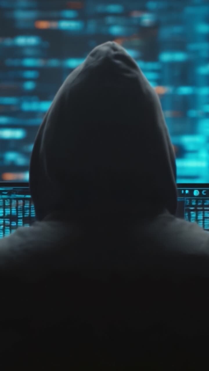 Una misteriosa figura incappucciata analizza dati complessi su uno schermo digitale, incarnando l'intrigo e il mondo della cybersecurity in una narrativa visiva coinvolgente.