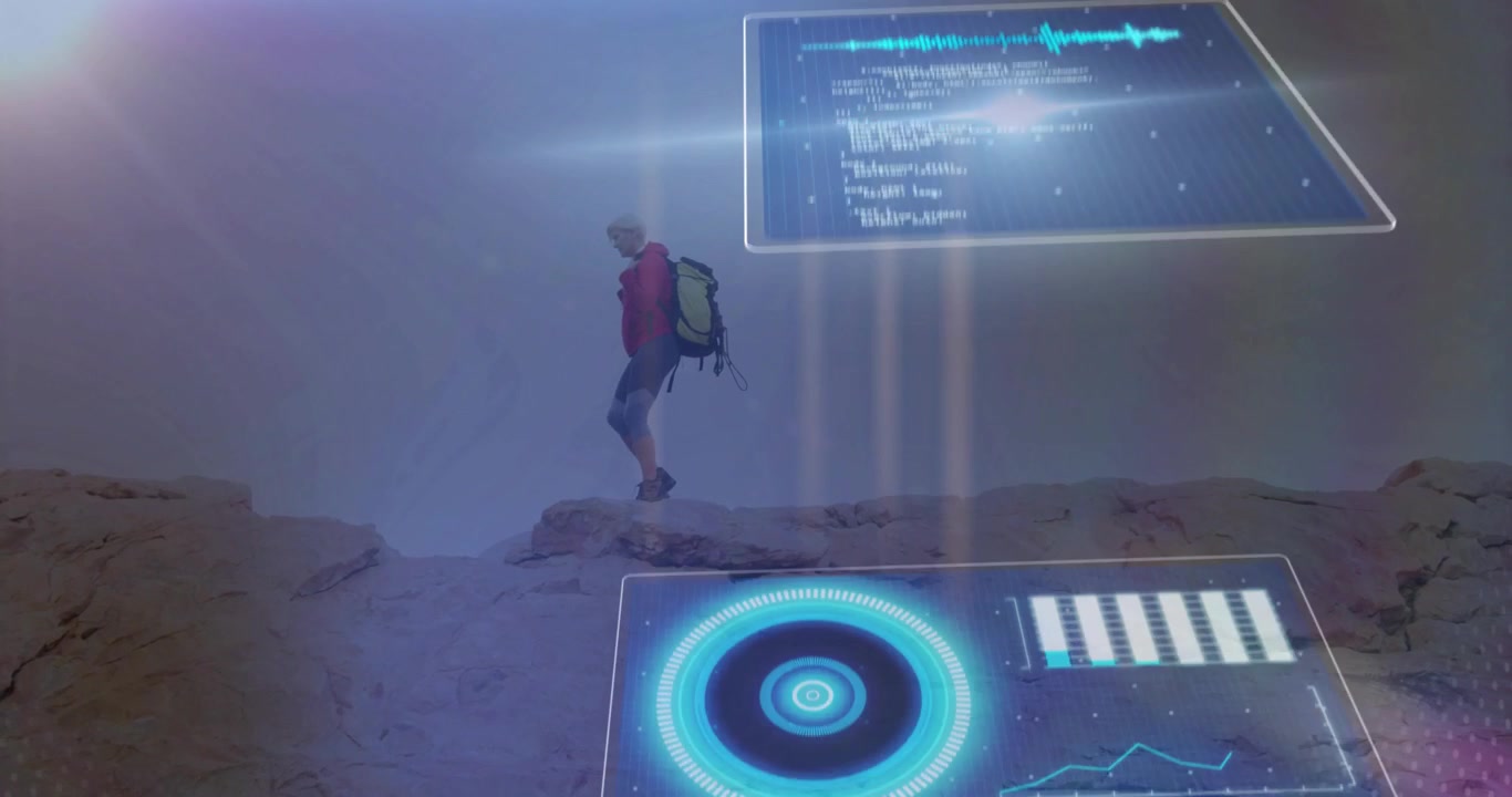 Hiker in red jacket yellow backpack stepping ridge activating hologram IT panels providing metrics