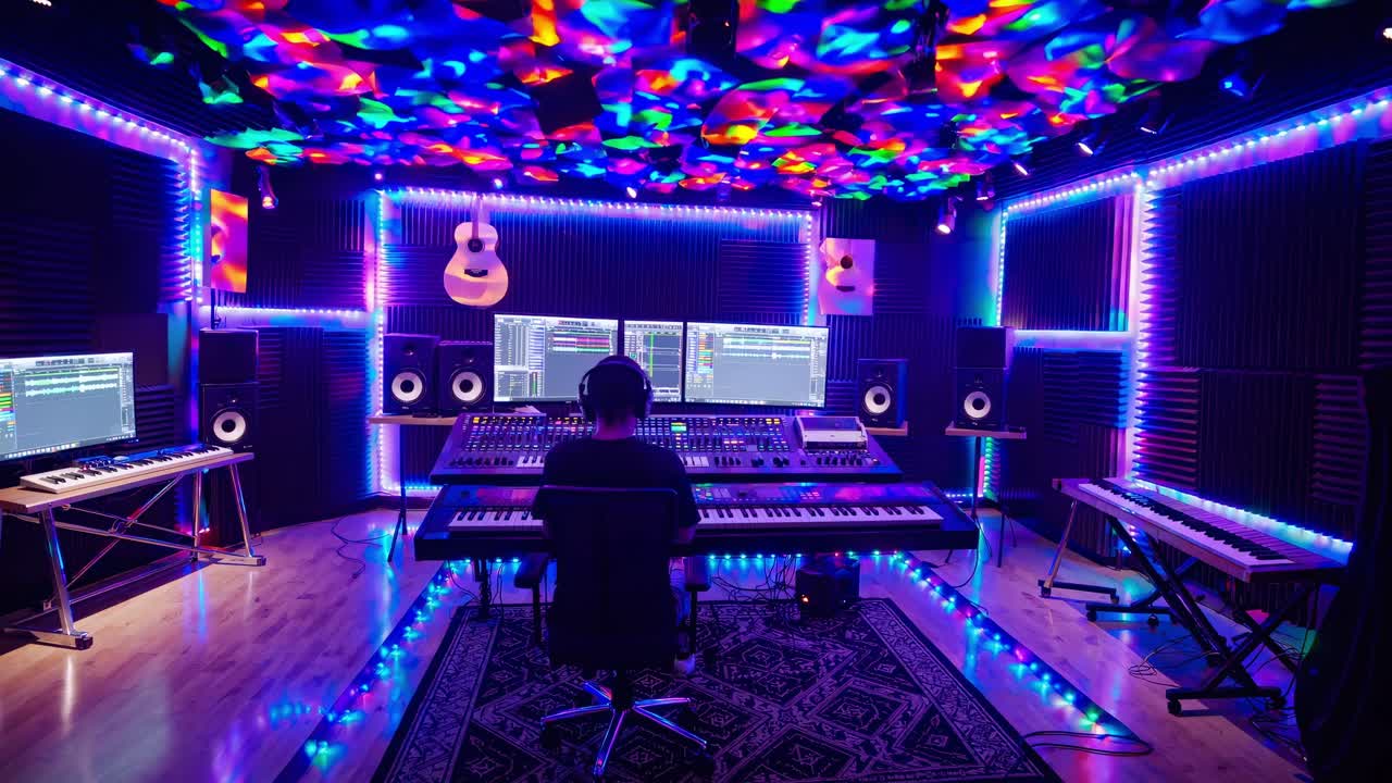 Professional sound engineer mixing electronic music in vibrant home recording studio, working with digital audio workstation and modern music production equipment