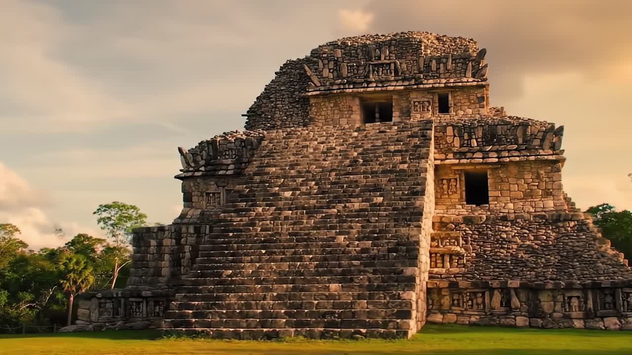 Exploring the Ancient Mayan Pyramid: A Majestic Structure Surrounded by Lush Landscape and Stunning Skies, Captured in Two Frames of History and Beauty
