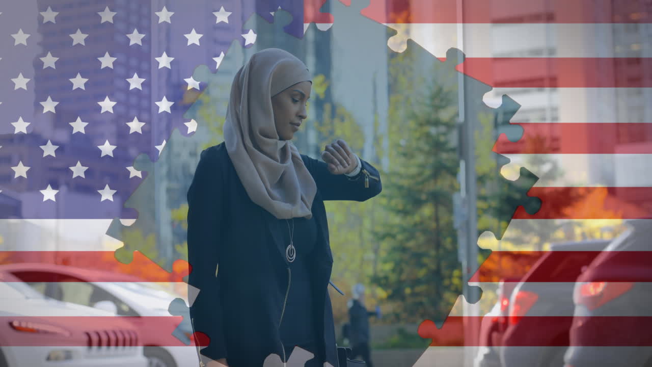Animation of American flag waving with jigsaw puzzles revealing mixed race woman in hijab