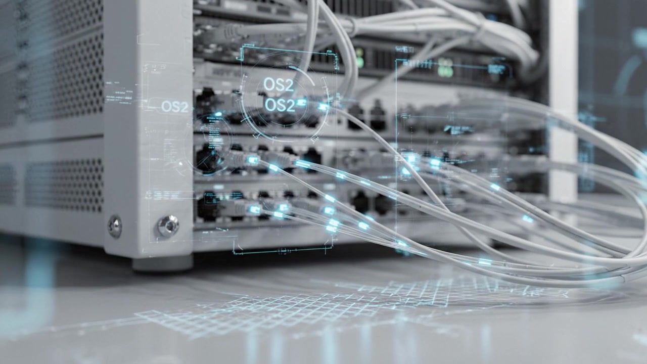 Advanced Networking Equipment with Illuminated Connections Showcasing Data Transmission in High-Tech Server Environment: A Close-Up Perspective