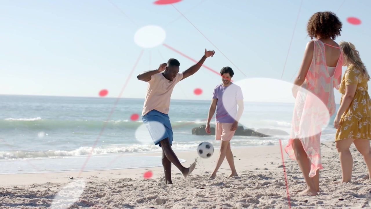 Man starting juggling soccer ball, friends joining casual beach sports with nodes overlaying
