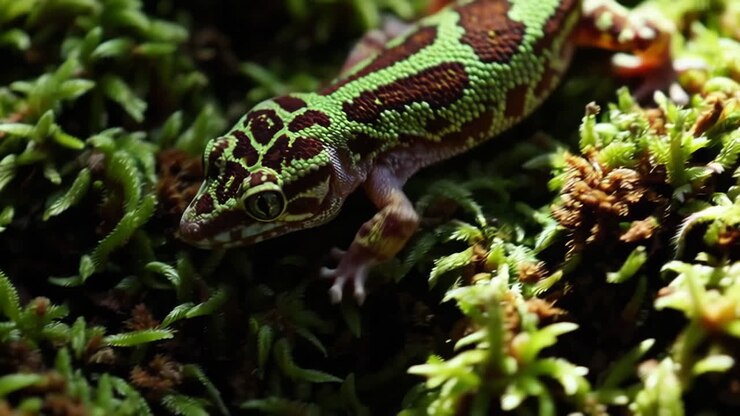 Close-up van een gekko met patroon op groen mos