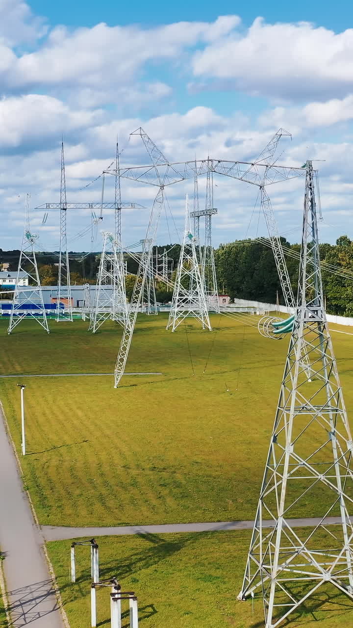 Energy distribution. Electricity pylons on field. Electricity transportation industry in summer. Energetics. Power lines with wires. Vertical video