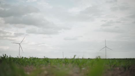 clouds over wind turbines in a wind energy farm in mexico, low angle wide shot