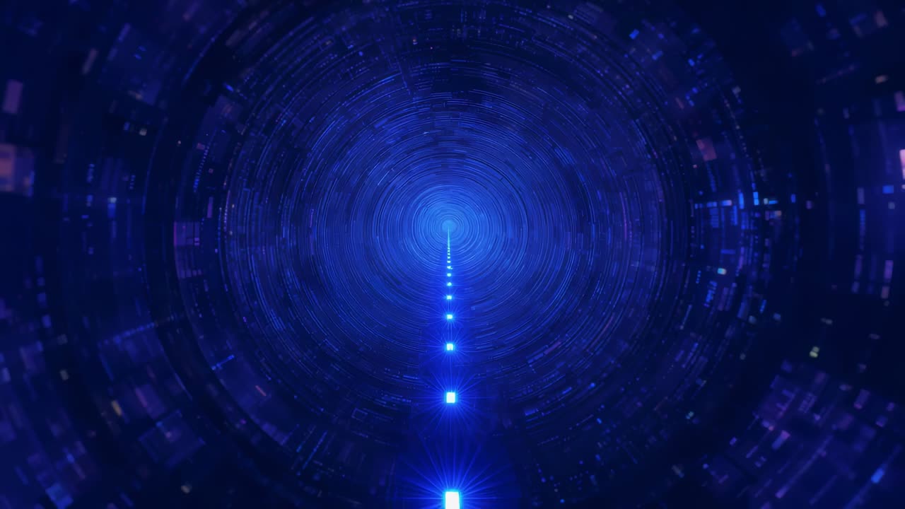 Approaching camera revealing axial blue nodes pulsing and advancing in virtual tunnel showing depth