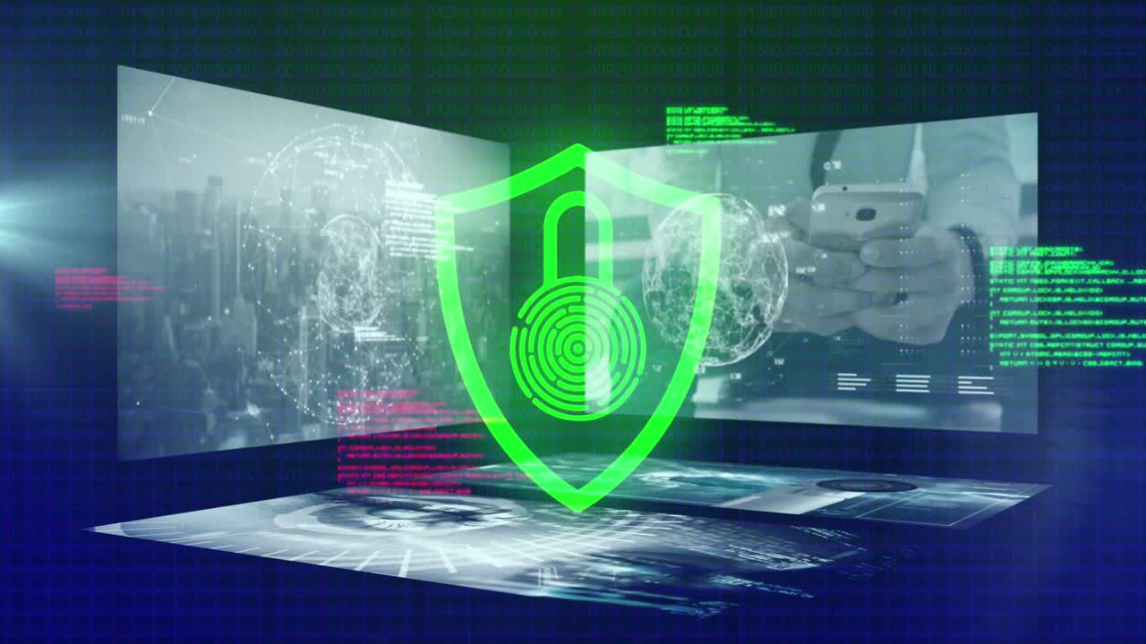 animación de candados digitales y procesamiento de datos en pantallas.