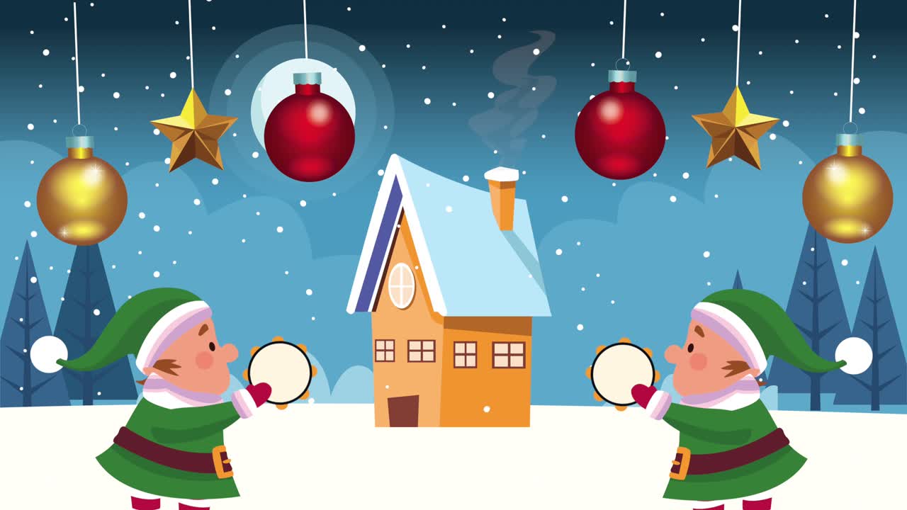 happy merry christmas card with elfs and balls in snowscape