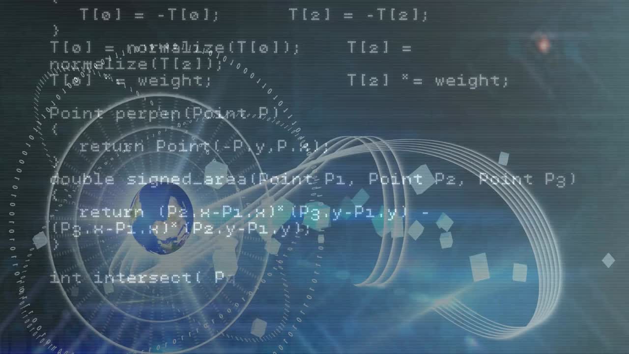 Animation of computer language over circles and wave pattern against abstract background