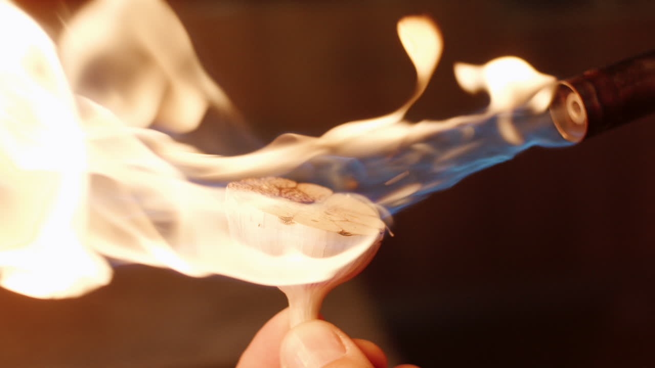 スローモーションで後ろから調理中にニンニクの球根に火がついた