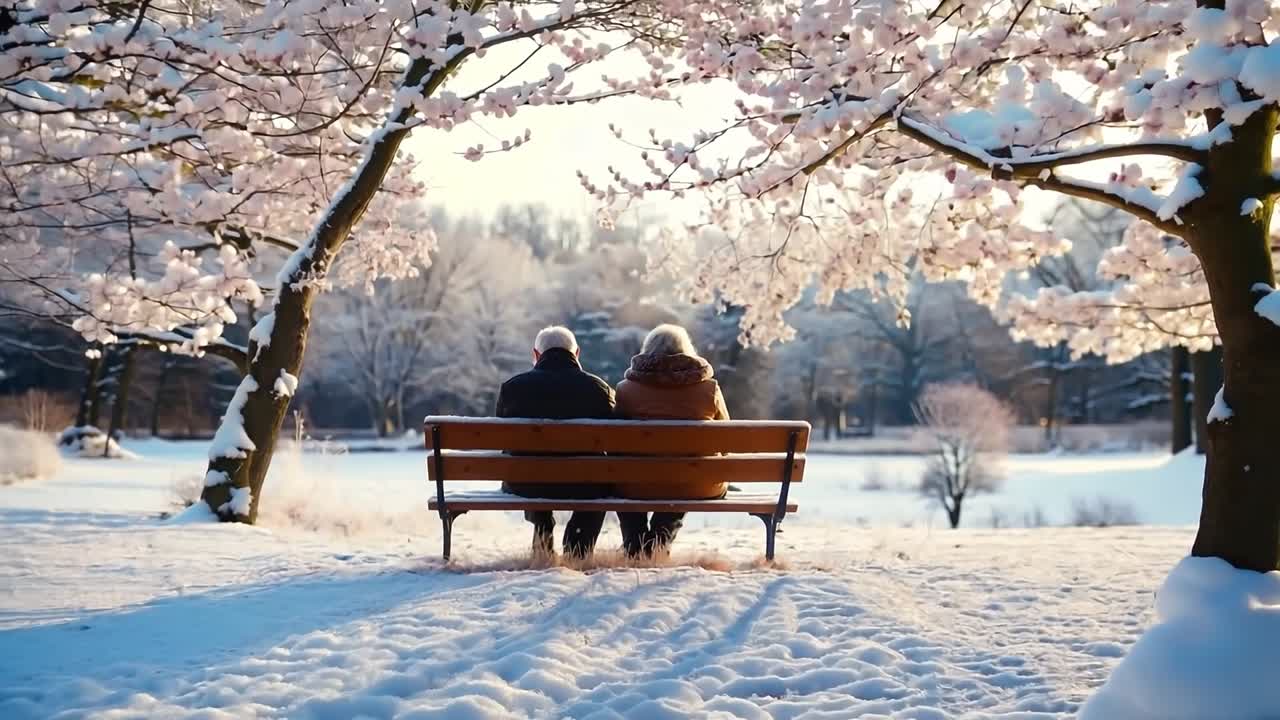 눈 속 의 벤치 에 앉아 있는 남자 와 여자