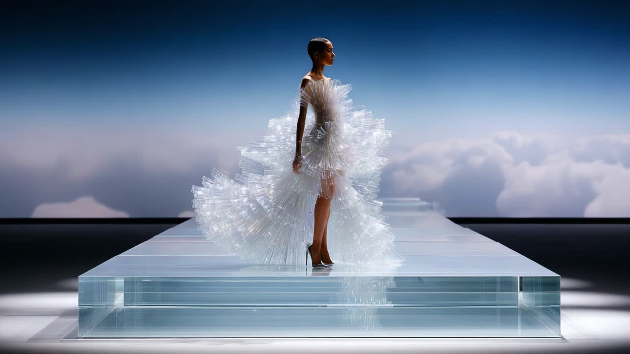 A stunning model showcases an avant-garde fashion design, standing gracefully on a transparent runway against a dreamy cloud-filled sky, embodying elegance and innovation in modern aesthetics