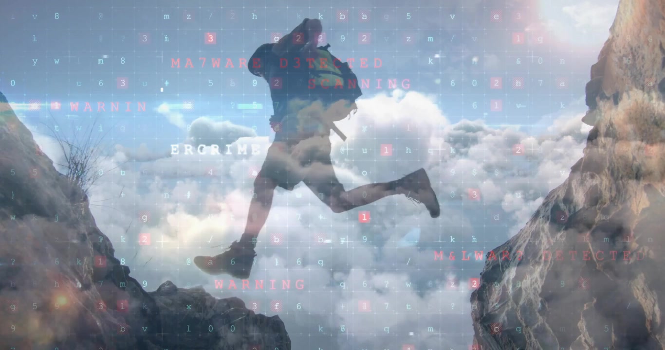 Hiker crouching after virus warning and launching across chasm amid floating cybersecurity alerts