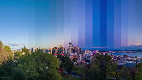 Horizonte-Del-Centro-De-Seattle-Día-A-Noche-Timelapse-Con-Aguja-Espacial-Y-Un-Cielo-Colorido