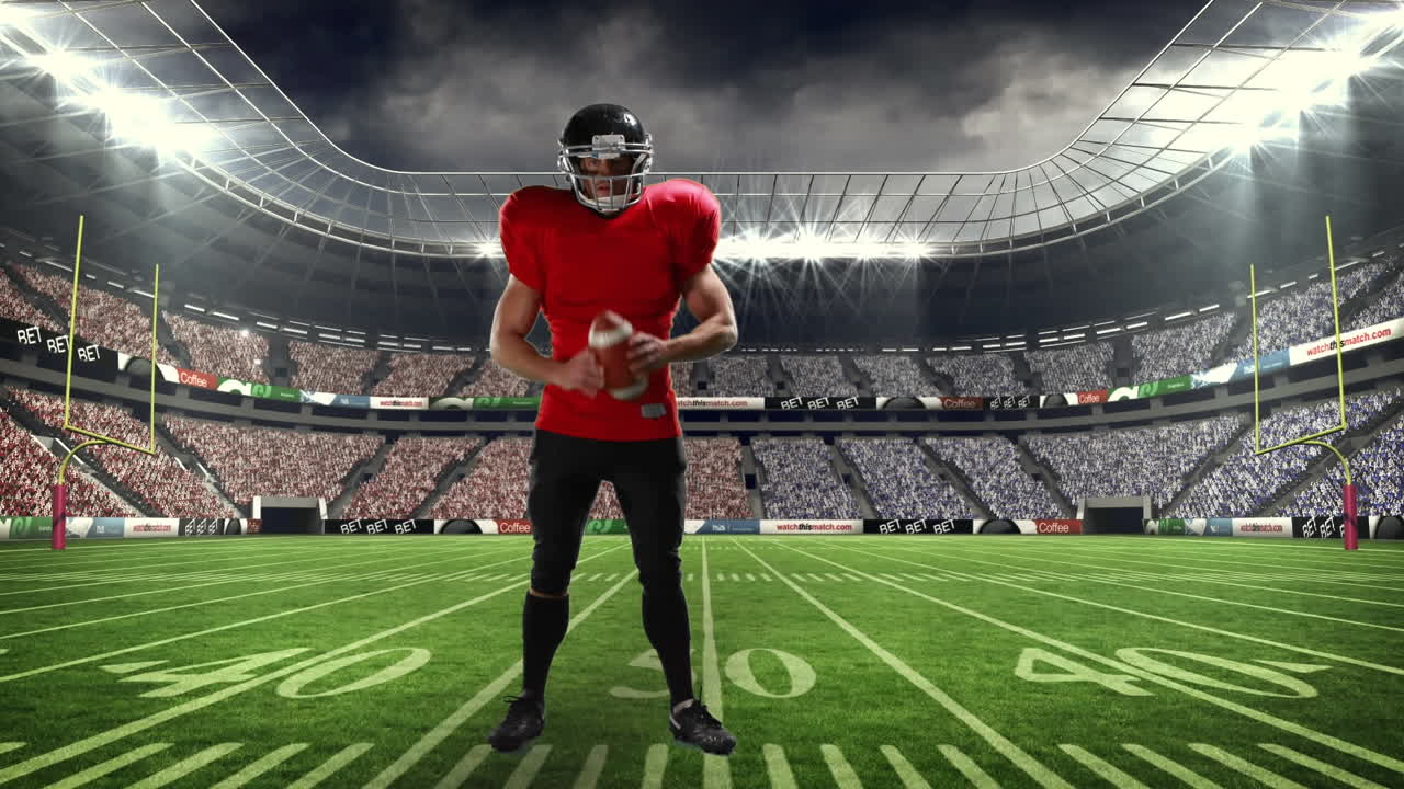 Animace hráče amerického fotbalu nad sportovním stadionem.