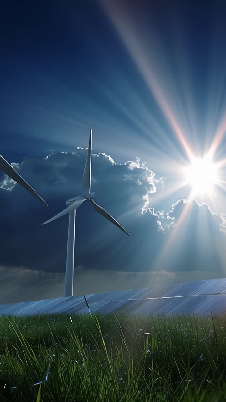 Uma Vista Cativante de Energia Renovável: Uma Turbina Eólica Erguendo-se Alta Contra um Céu Majestoso Iluminado pelo Sol e Cercada por Vegetação.