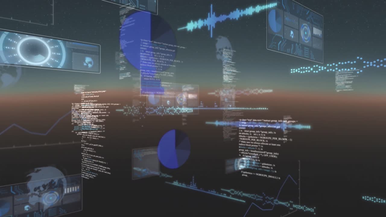 animación de pantallas con procesamiento de datos contra un fondo de doble tono.
