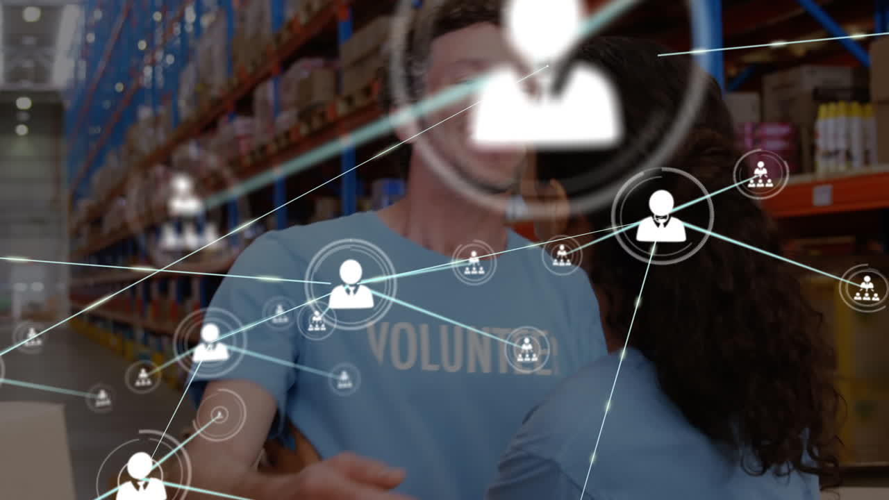 창고에 있는 다양한 사람들에 대한 연결 네트워크의 애니메이션