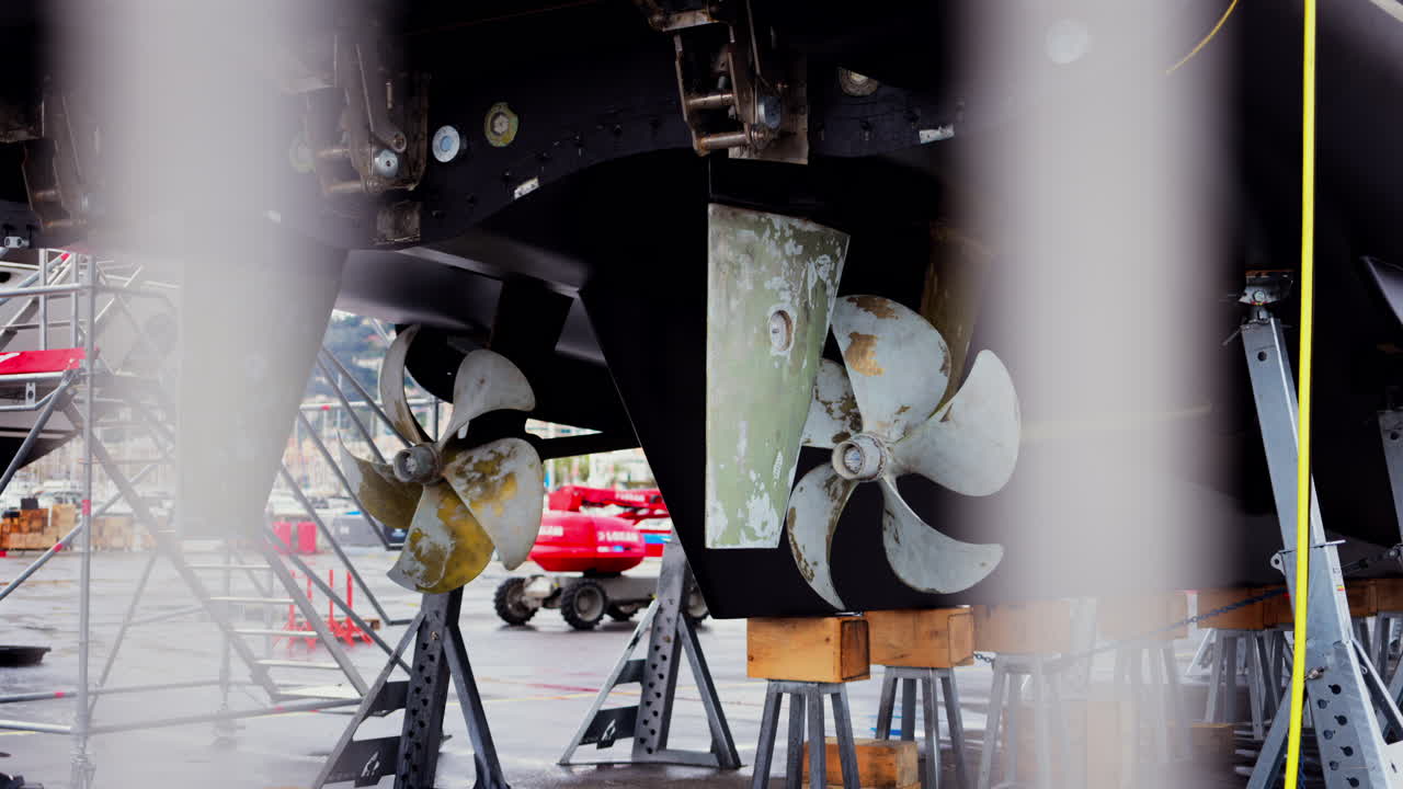 Nice, France - March 17, 2025: The underside of a ship with propellers and the supporting structures