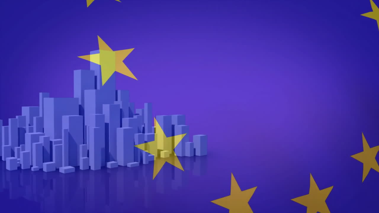 European union flag animation over blue cityscape on purple background