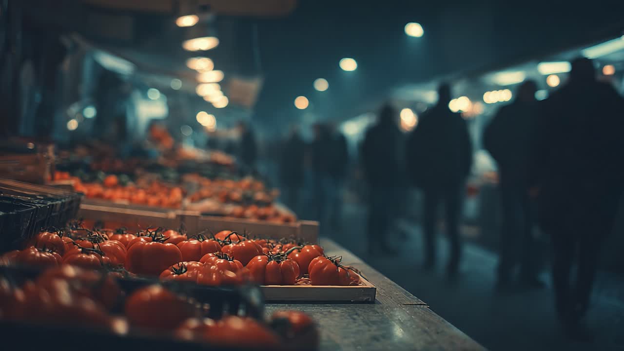 A Vibrant Night Market Scene Featuring Fresh, Glowing Tomatoes Surrounded by Shimmering Lights and Shadows of Wandering Crowds