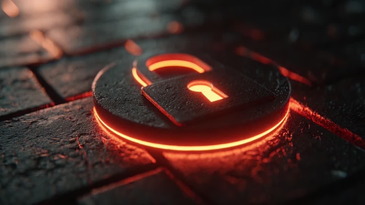 Simbolo di blocco digitale visivamente accattivante con contorno luminoso su superficie текстурированная che evidenzia i temi di sicurezza e protezione per la sicurezza informatica