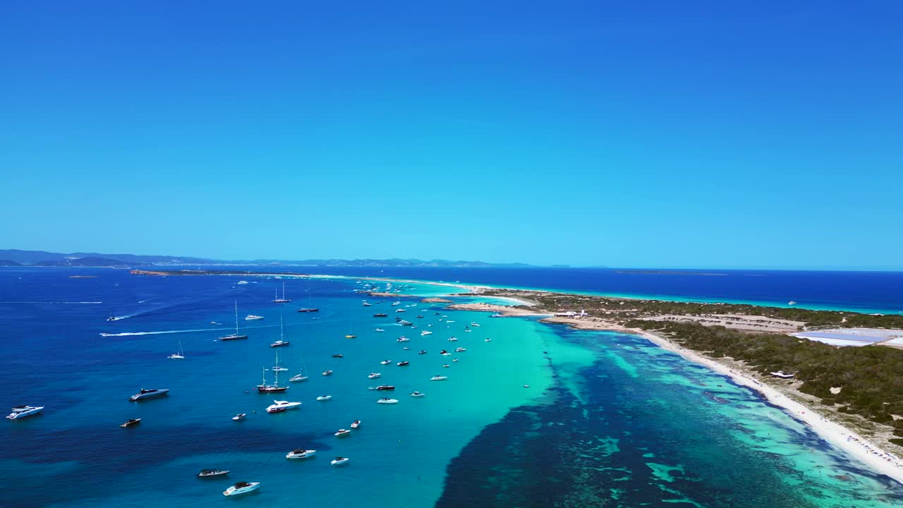 Barche ancorate nelle splendide acque turchesi e cristalline di Formentera, una spiaggia di sabbia bianca con Posidonia oceanica. Panorama aereo uniforme, panoramica ascendente ripresa con drone