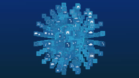digital globe animation with icons and hypnotic blue circles on a blue background.