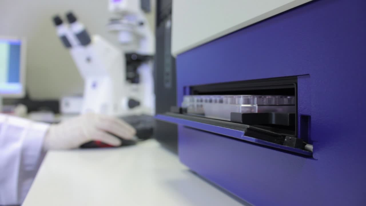 mujer que opera una máquina de muestras de adn en un laboratorio de investigación biológica