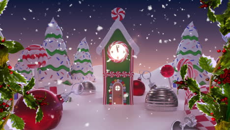 animación de la nieve cayendo sobre el reloj de navidad en el paisaje de invierno