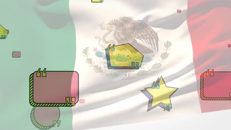 Animation-of-flag-of-mexico-blowing-over-floating-empty-speech-shapes