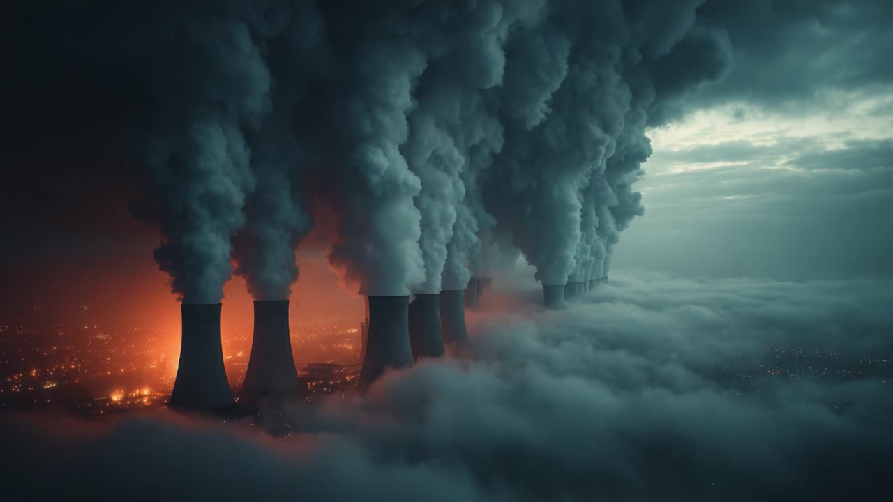 Vista aerea di un'atmosfera industriale con ciminiere che emettono fumo, circondate da una fitta nebbia e luci urbane che illuminano il paesaggio