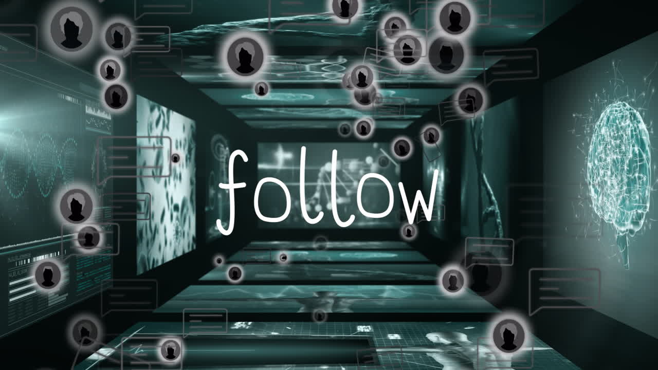Handwritten follow text floating in digital data tunnel, showing avatars, chat icons, code panels