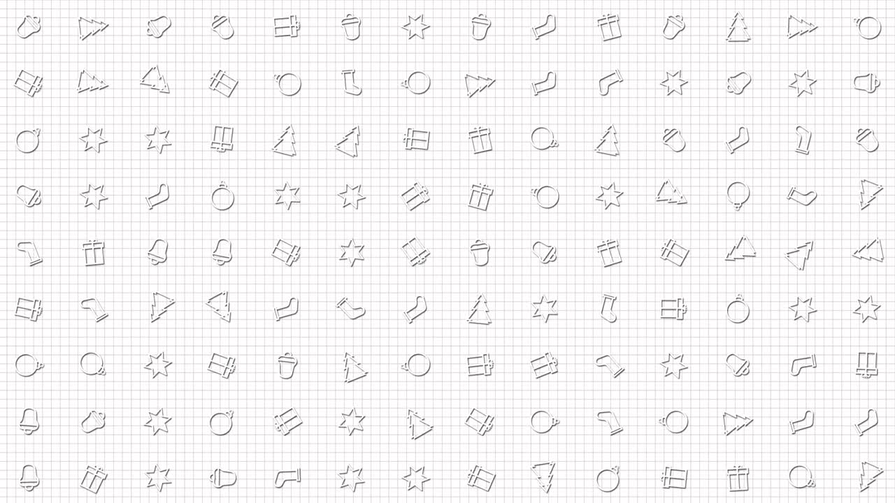 Christmas, New Year icons animation loop. Seamless pattern background. small, graphically drawn, Christmas, New Year icons rotate slowly on grid. white backdrop