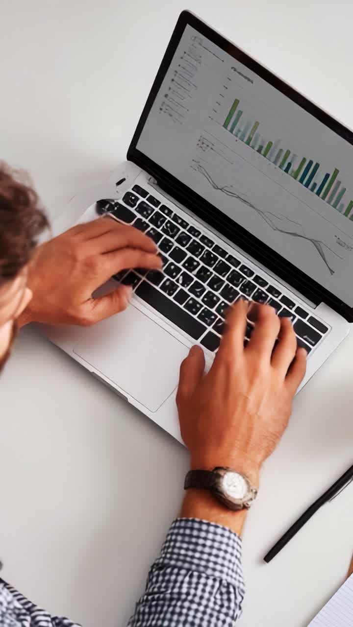 A focused individual analyzes data on a laptop screen, showcasing graphs and statistics, demonstrating modern technology in a business environment