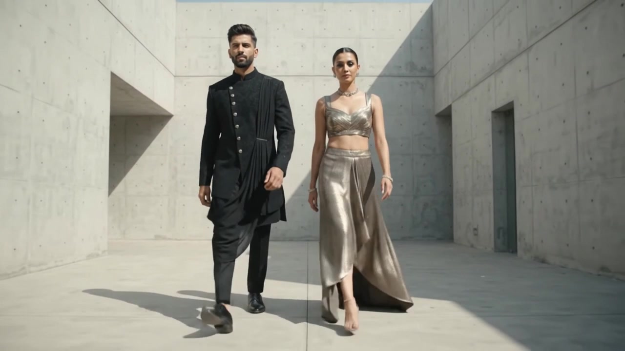 Casal Elegante Caminhando Juntos em Cenário Arquitetônico Moderno