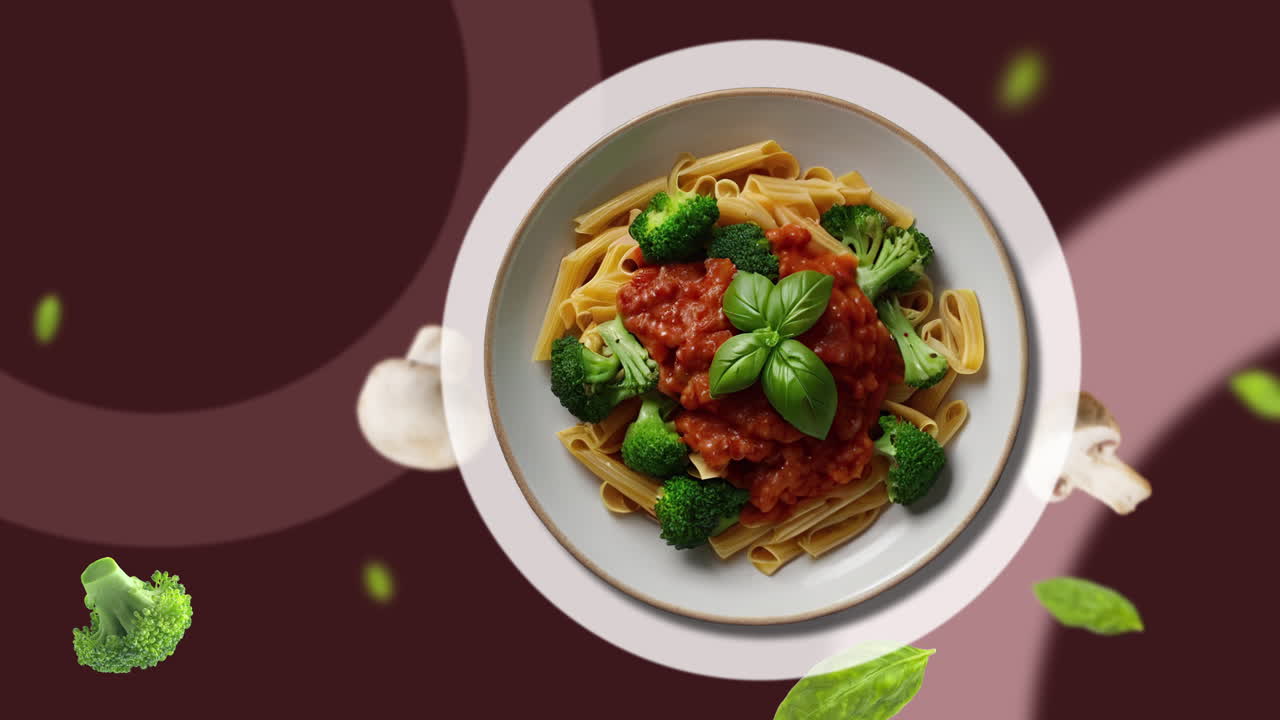 바질, 브로콜리, 토마토 소스와 함께 파스타